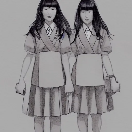 Image similar to a perfect, realistic professional digital sketch of two Japanese schoolgirls posing, in style of Marvel, full length, by pen and watercolor, by a professional American senior artist on ArtStation, a high-quality hollywood-style sketch, on high-quality paper