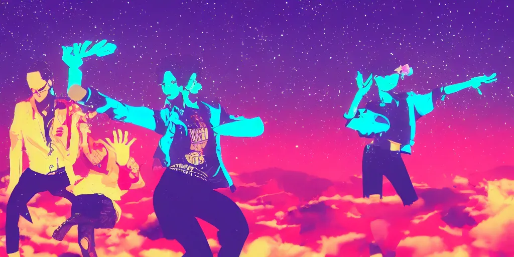 Prompt: friends doing karaoke, epic pose, silhouetted, distinct, digital art, vaporwave, psychedelic, surreal, trending on Artstation, professional artist, detailed, 4k