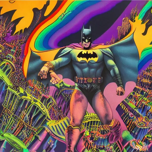 Image similar to a matte grand scale painting of batman in joker's fractal acid hell by howard chaykin and glenn fabry and todd nauck and alex grey and lisa frank, rainbow colors, hires detail, 8 k, fine detail