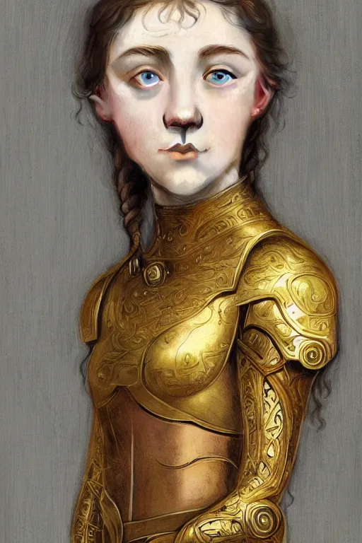 Prompt: a head and torso art nouveau portrait of a 16-year old girl who resembles Saoirse Ronan and Anya Taylor Joy with a worried, intense gaze, ornate intricate golden battle armor, intricate, elegant, highly detailed, digital painting, artstation, concept art, smooth, sharp focus, illustration, art by John William Waterhouse and Bouguereau and Donato Giancola and alphonse mucha