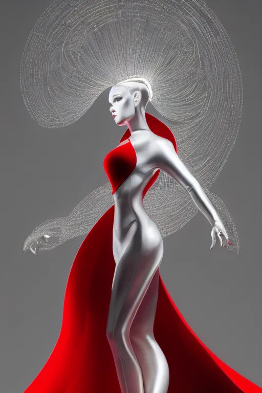 Image similar to detailed beautiful noun in opened white gold red coat, seductive confident pose, attractive feminine curves, intricate details, afrofuturism, futuristic, alien, elegant cape, elegant, photorealism, trending on artstation, holy halo, advanced technology, art by moebius and vitaly bulgarov and chanthara