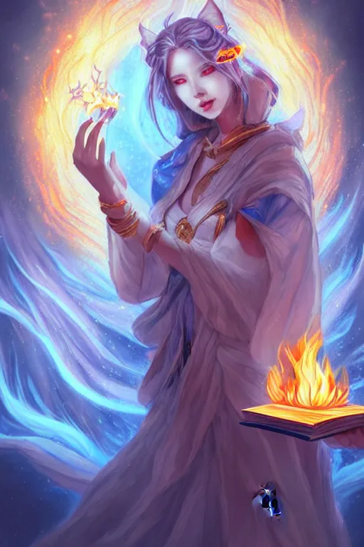 Prompt: gorgeous!!! hyper - realstic kitsune, divine, sorceress, holding a tattered magical book, casting a flame spell, blue flames | drawn by wlop, drawn by jeehyung lee, drawn by artgerm | fantasy, dark, intricate, highly detailed, digital painting, character design, concept art, illustration, artstation