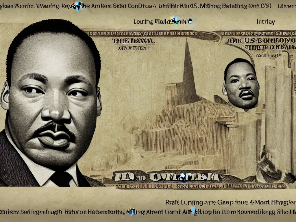 Prompt: Martin Luther king on the 10 dollar us bill, realistic, octane render, cinematic lightning, super detailed, realistic, medium shot, mid-shot, highly detailed, trending on artstation, Unreal Engine 4k, cinematic