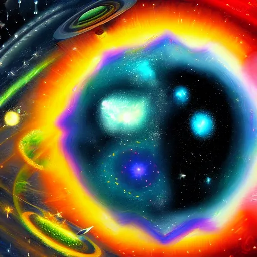 Prompt: A digital painting of a space scene, with stars, planets, and galaxies, in a surreal and psychedelic style.