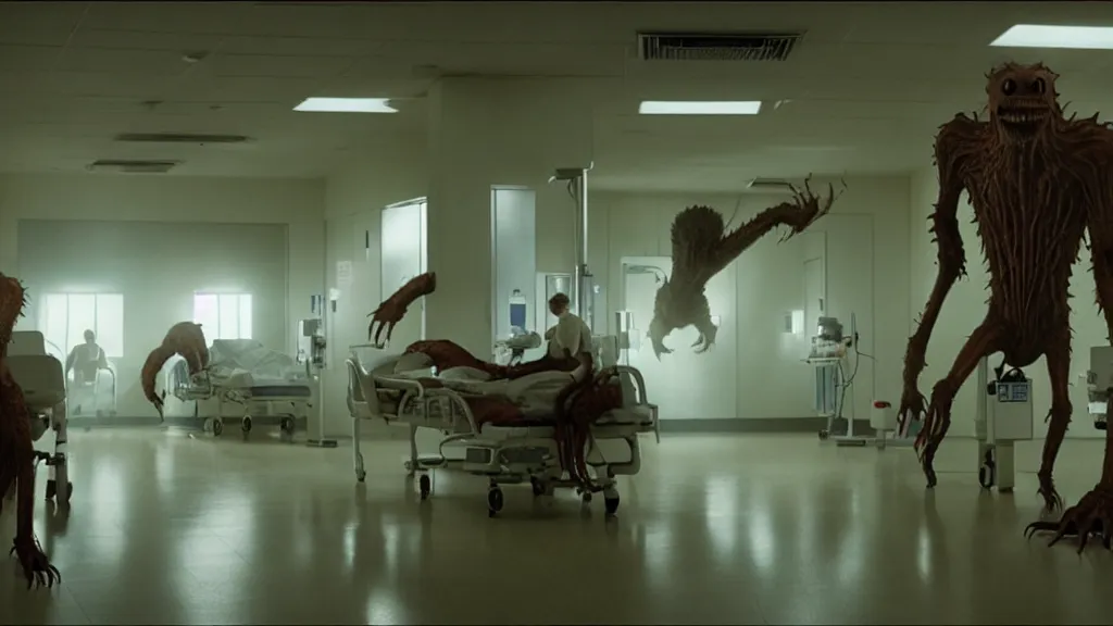 Image similar to monsters invade the hospital, film still from the movie directed by denis villeneuve and david cronenberg with art direction by salvador dali, wide lens