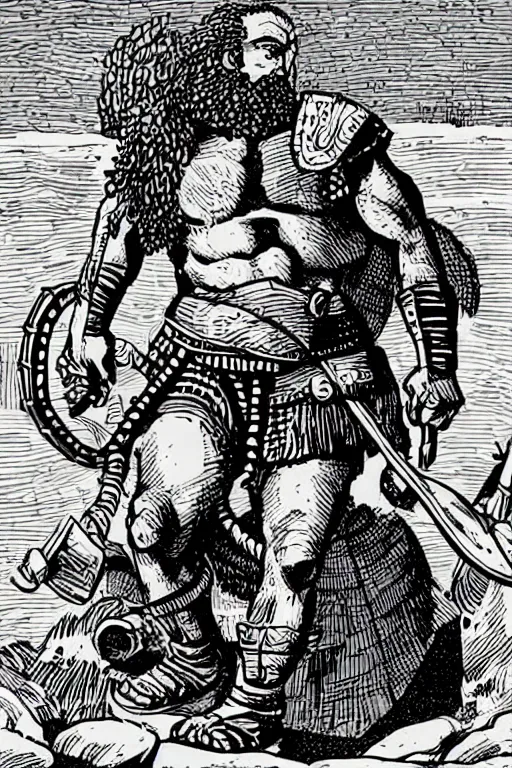 Image similar to ancient historically accurate depiction of the Bible Character Goliath of Gath, the Philistine warrior giant by mcbess