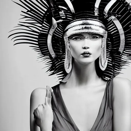 Image similar to close up of a female fashion model in year 3000 in art-deco entrance hall, model wearing a huge surreal art-deco helmet in silver, photography , official Versace editorial , highly detailed