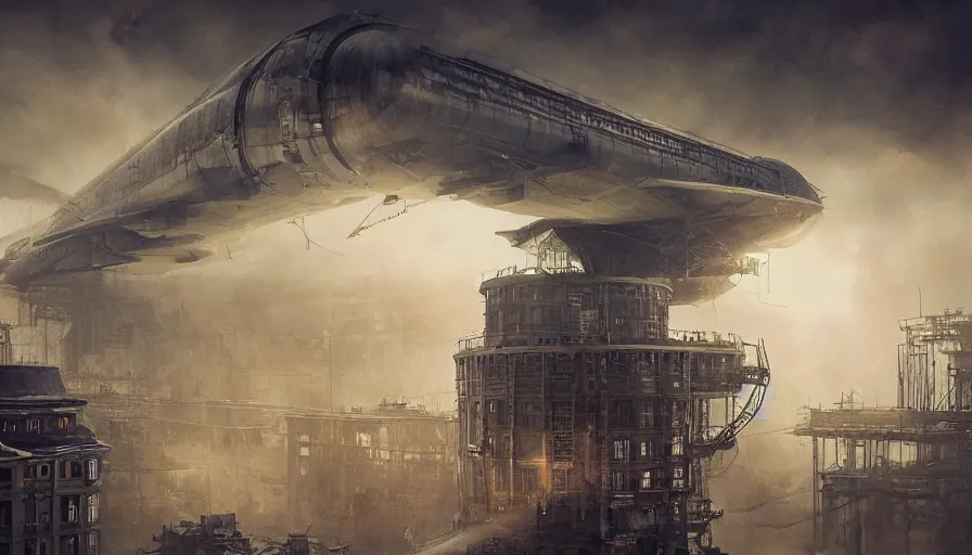 Prompt: Dieselpunk Norilsk city, zeppelin factory manufacturing, airship, aeroplane, steam, epic composition, intricate, elegant, volumetric lighting, digital painting, highly detailed, artstation, sharp focus, illustration, concept art, ruan jia, steve mccurry