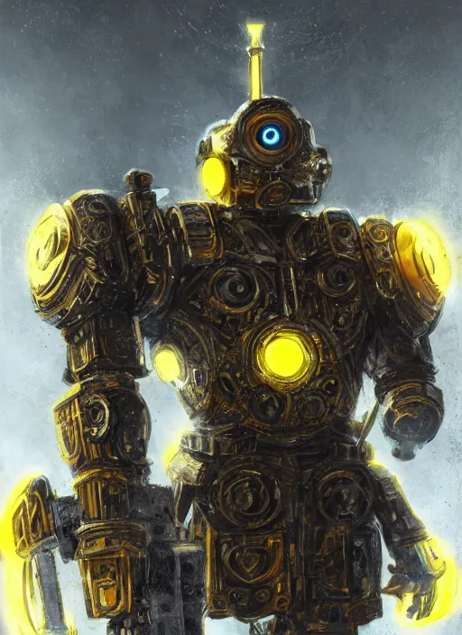 Prompt: full body, attack position abstract portrait of a intricate ornate holy mechanical warforged with circular glowing eye, character in yellow armor holding a paladin engraved great longsword drawn and carrying a big paladin shield, vertically flat head, face in focus, pit droid, epic , trending on ArtStation, masterpiece, cinematic lighting, by Ross Tran and by Greg Rutkowski