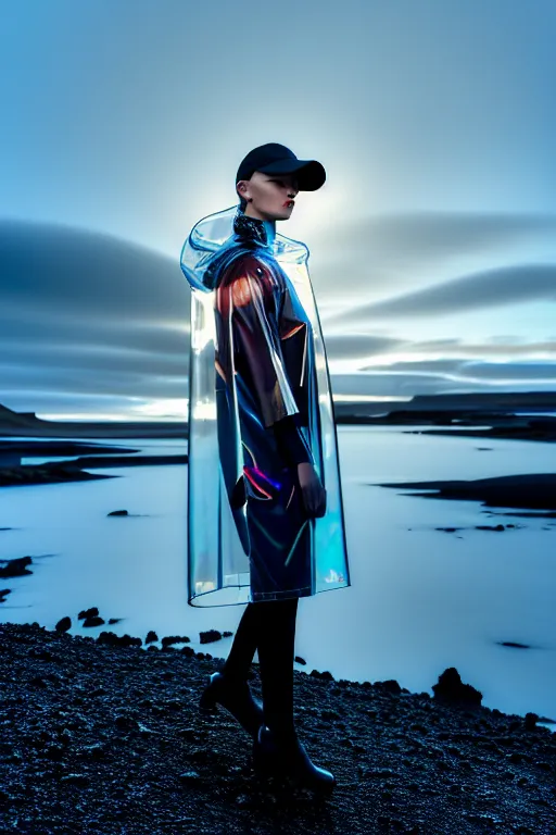 Image similar to an ultra high definition professional high fashion portrait studio full length photograph of a model wearing a transparent pearlescent raincoat and neon visor in an icelandic black rock environment at dawn. no artefacts. extremely detailed. stark. refraction. shallow depth of field. volumetric light and shadow. ray tracing. light rays.