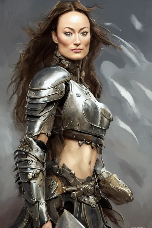 Image similar to a professionally painted portrait of Olivia Wilde, clothed in ancient battle armor, olive skin, long dark hair, beautiful bone structure, symmetrical facial features, intricate, elegant, digital painting, trending on Artstation, concept art, smooth, sharp focus, illustration, from Metal Gear by Ruan Jia and Mandy Jurgens and Artgerm and and william-adolphe bouguerea, award winning