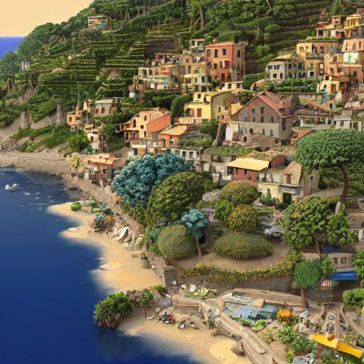 Image similar to pixar 3D render, by studio ghibli, (french bande dessinée), solarpunk, 1244, fantasy setting, mediterranean landscape, quaint old village, cinq terre, highly detailed, luminous, white rock, beautiful, style by moebius, concept art, unreal engine