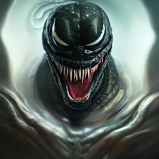 Image similar to portrait of venom, intricate artwork, concept art, octane render, deviantart, cinematic, key art, hyperrealism, iridescent accents, portrait photograph, nikon 3 5 mm, photograph by greg rutkowski