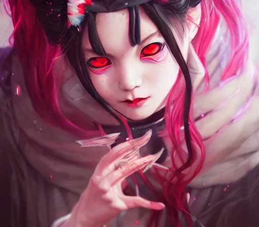 Prompt: a Demon Slayer FAN art portrait of grown up Nezuko ,by Stanely Artgerm,Tom Bagshaw,arthur adams,Carne Griffiths,trending on DeviantArt,street art,face enhance,chillwave,maximalist,full of color,glittering