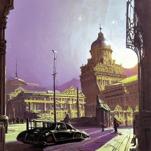 Image similar to painting of syd mead artlilery scifi soviet building with ornate metal work and victorian fence, fossil ornaments, volumetric lights, purple sun, andreas achenbach