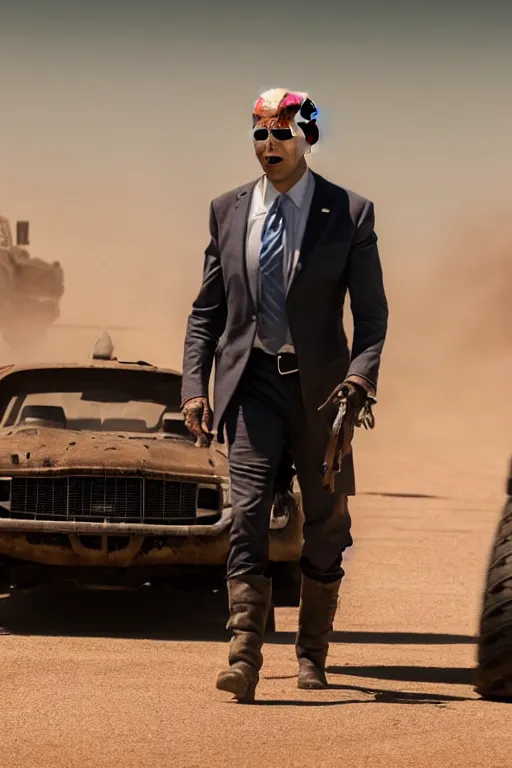 Image similar to [a still of Joe Biden in the movie Mad Max (2015), 4k, HD, high quality, octane]