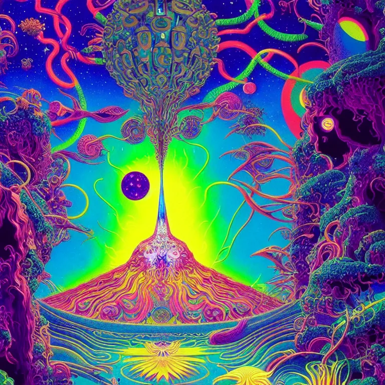 Prompt: cosmic third eye, magical crystal temple, psychedelic waves radiating, bright neon colors, highly detailed, cinematic, hiroo isono, eyvind earle, philippe druillet, roger dean, lisa frank, aubrey beardsley, ernst haeckel
