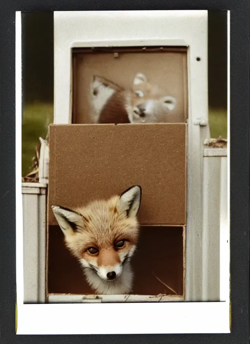 Image similar to faded polaroid photo of curious baby fox inside a cardboard box on a truck trailer