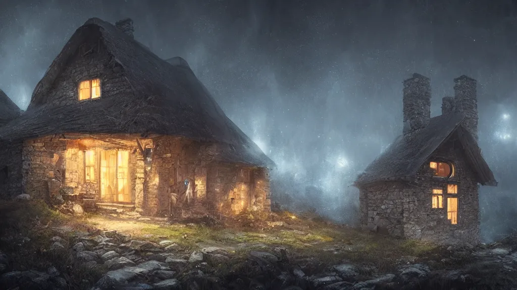 A dark decrepit cottage on a mountaintop at night, lit | Stable ...