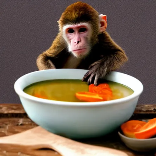 Image similar to a monkey swiming in a bowl of soup