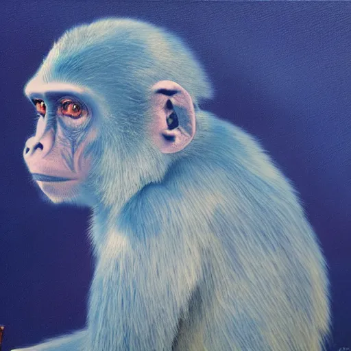 Prompt: wise blue monkey looking out over the universe, melancholy, oil on canvas, intricate, 8 k highly professionally detailed, hdr, cgsociety