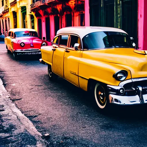 Prompt: vintage cars on the streets of havana cuba, golden hour, photo, 5 0 mm f 2. 5