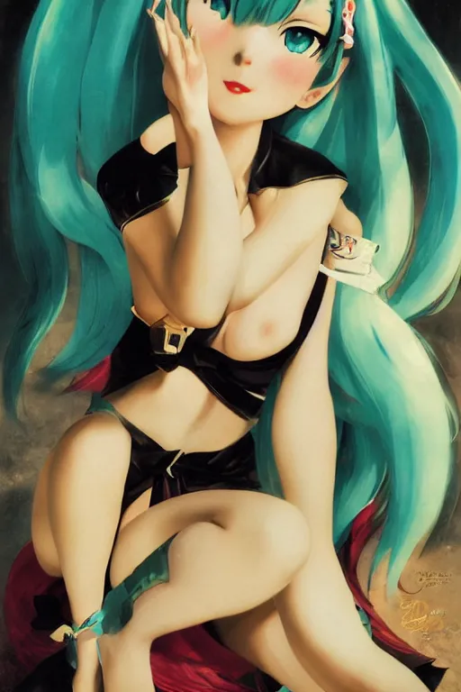 Image similar to hatsune Miku by Gil Elvgren and Enoch Bolle