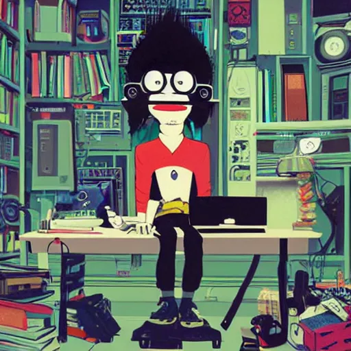 Image similar to goth computer nerd in a cluttered room wearing a vr headset, by jamie hewlett, character concept, aesthetic!!,