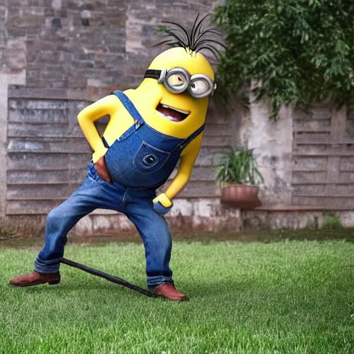 Image similar to a minion fighting an old man, backyard wrestling, intricate complexity, extremely detailed, very sharp,