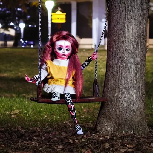 Image similar to a scary doll on a swing at a park, nighttime, real photo, realistic, hyper - realism, maximalist, horror movie, caution tape, illuminated by street lights, knife