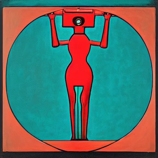 Image similar to art deco ‘dead space’, piet mondrian, femme bot, teal palette