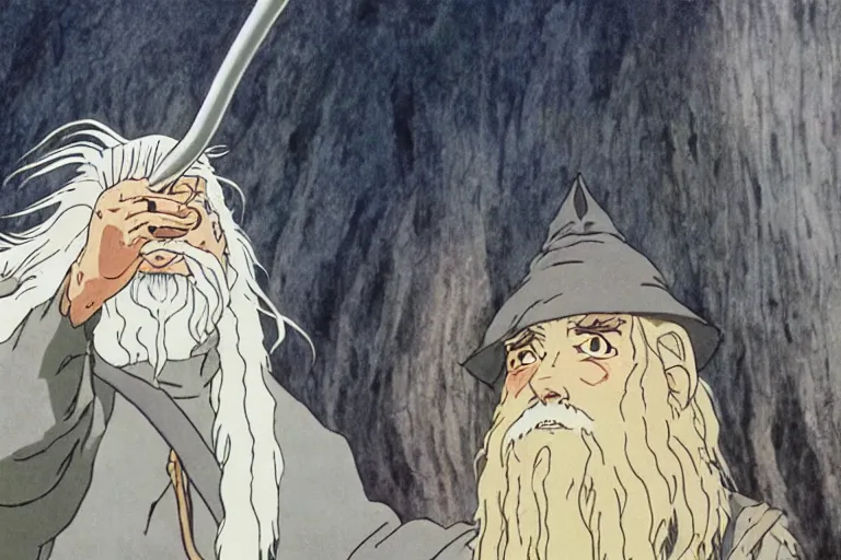 Prompt: gandalf in the anime lord of the rings by studio ghibli, movie still frame, very detailed, artwork by hayao miyazaki, kentaro miura, satoshi kon, high quality, sharp image, high resolution, hd, 7 2 0 p, 4 k