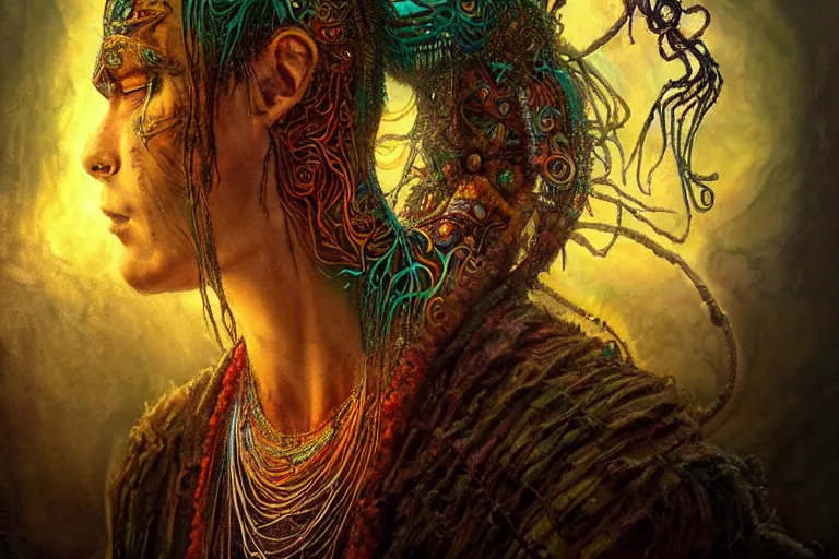 Image similar to meditating psychedelic shaman with trinket necklace, epic angle and pose, symmetrical artwork, ayahuasca, translucent, fungus, energy flows of water and fire, highly detailed, epic cinematic concept art, excellent composition, dystopian brutalist atmosphere, dynamic dramatic lighting, aesthetic, very inspirational, arthouse, Greg Rutkowski, Artgerm