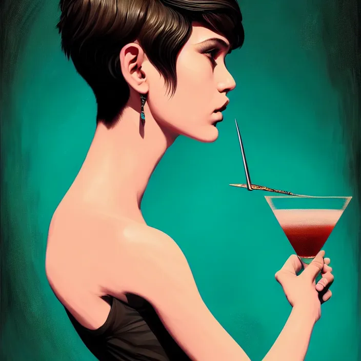 Prompt: a young sophisticated beautiful barmaid, dimly lit dive bar, hip modern vibe, relaxed pose, sitting at the bar, pixie cut with shaved side hair, wild, highly detailed, digital painting, artstation, sharp focus, illustration, detailed painterly digital art style by Joe Fenton + perfect facial symmetry + dim volumetric lighting, vibrant deep colors, 🍸, 8k octane beautifully detailed render, post-processing, extremely hyperdetailed, epic composition, grim yet sparkling atmosphere, cinematic lighting + masterpiece, Art Nouveau, unreal engine, hyperrealistic