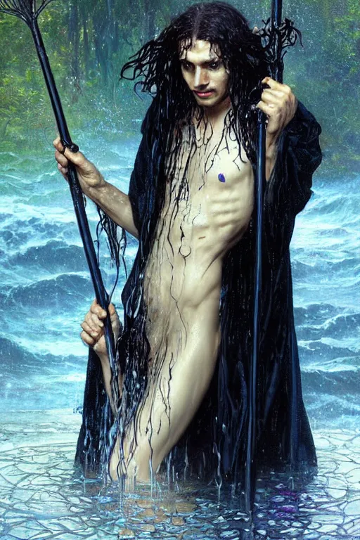 Prompt: portrait of a beautiful man wearing a black robe, holding a long staff, drenched body, wet dripping hair, emerging from the water, fantasy, regal, fractal crystal, fractal gems, by stanley artgerm lau, thomas kindkade, alphonse mucha, loish, norman rockwell ross tran