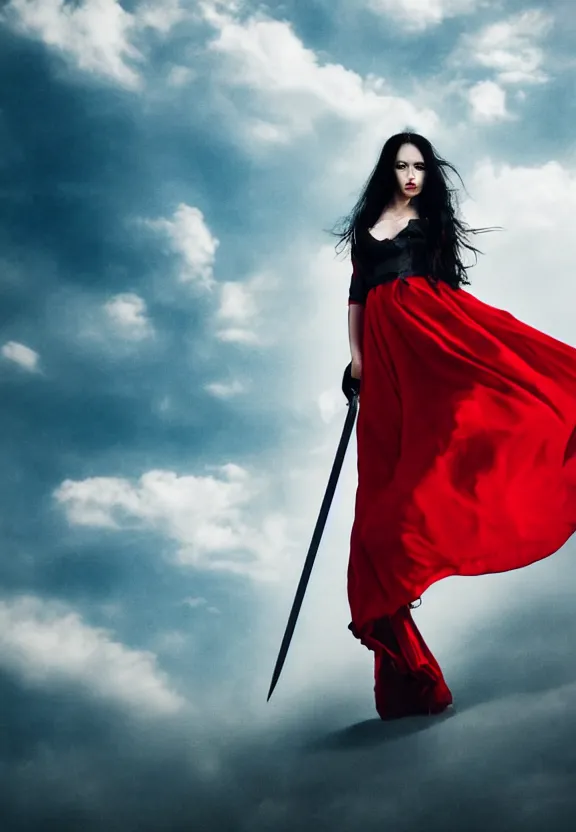 Prompt: a lone beautiful fierce long black haired woman wearing red dress wielding black longsword posing heroically, heavenly sunlit clouds background, close up shot