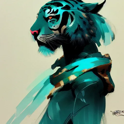 Image similar to concept art of anthropomorphized tiger black and teal, highly detailed painting by dustin nguyen, akihiko yoshida, greg tocchini, 4 k, trending on artstation, 8 k