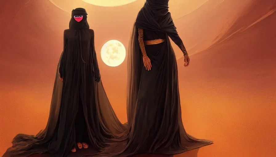 Image similar to Portrait of very very very very very very beautiful Arab woman wearing a Niqab, under giant full moon in the desert, intricate, glowing magical eyes, energy trails, elegant, highly detailed, digital painting, artstation, concept art, smooth, sharp focus, illustration, art by artgerm and greg rutkowski and alphonse mucha