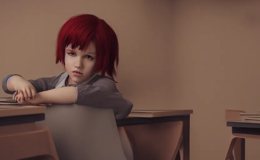 Prompt: school girl with red hair on the classroom, gloomy and foggy atmosphere, octane render, cgsociety, artstation trending, horror scene, highly detailded