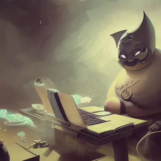 Prompt: a insanely detailed painting of a chubby masked asian man wearing a costume sitting at a desk, staring at the nervously at the computer typing, in the style of peter mohrbacher, dramatic lighting and composition, trending on artstation, concept art, comic book