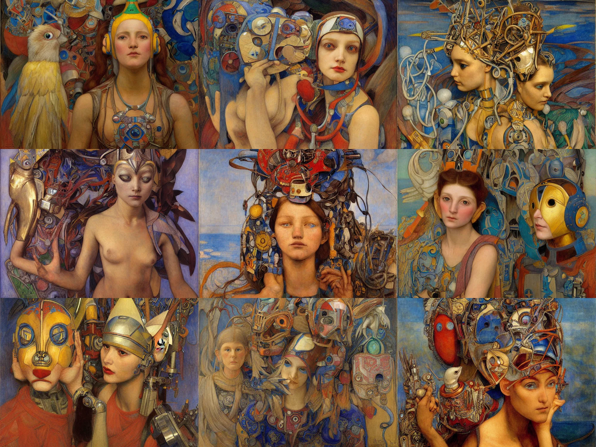 Image similar to the robot princess with her bird mask, by annie swynnerton and diego rivera and elihu vedder, symbolist, dramatic lighting, elaborate geometric ornament, head and shoulders, art brut, soft cool colors, smooth, sharp focus, extremely detailed, adolf wolfli and donato giancola