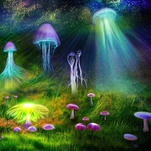 Prompt: fairy forest, wisps, landscape, magical, surreal, light shafts, light diffusion, heaven, oasis, fungal, mushrooms, fairies, jellyfish