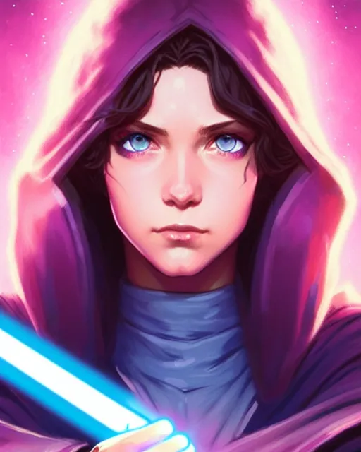 Prompt: blue eyed brunette girl!! pink lightsaber!!! jedi, fire emblem, art by artgerm and greg rutkowski and magali villeneuve, portrait, d & d, fantasy, highly detailed, digital painting, trending on artstation, concept art, sharp focus, illustration