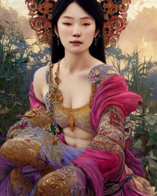 Prompt: a beautiful intricate exquisite imaginative exciting northern close up portrait of an asian sorceress sitting with elegant looks, flowing robe, ornate and flowing, intricate and soft by ruan jia, tom bagshaw, alphonse mucha, krenz cushart, beautiful chinese architectural ruins in the background, epic sky, vray render, artstation, deviantart, pinterest, 5 0 0 px models