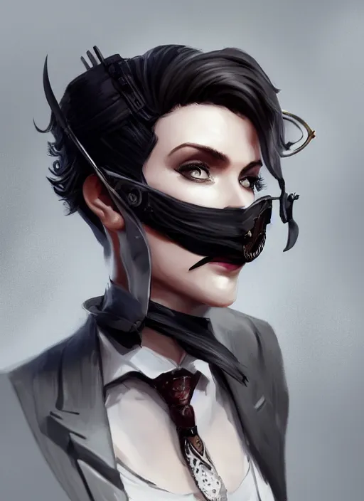 Image similar to a highly detailed illustration of beautiful short black messy haired woman wearing pirate eyepatch and noir style suit and tie, dramatic smiling pose, intricate, elegant, highly detailed, centered, digital painting, artstation, concept art, smooth, sharp focus, league of legends concept art, WLOP