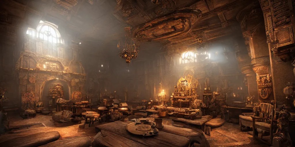 Image similar to dwarven interior design, superwide angle, light through the mist, dramatic lighting, photorealistic, cinematic lighting, high detail, cinematic feel, high octane, 4K, Unreal Engine, digital render, intricate, ultra realistic