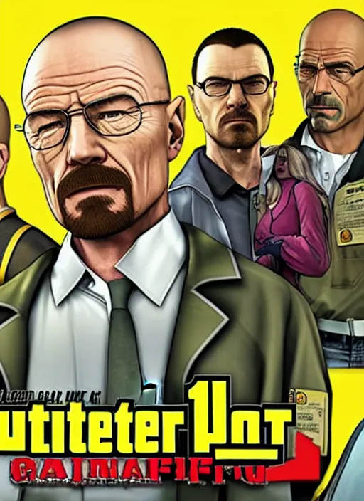 Prompt: walter white in gta 5 game poster