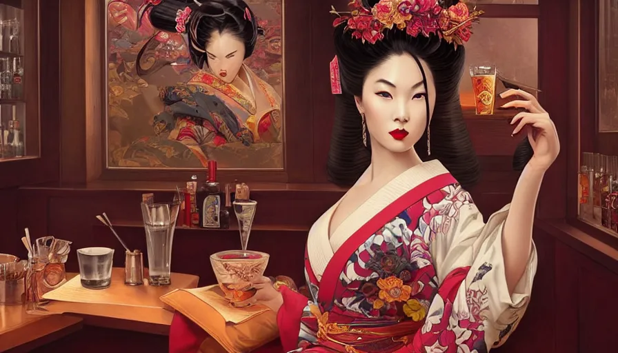 Prompt: evil geisha in a bar, perfectly-centered-Portrait of the most beautiful asian woman on the planet, insane, intricate, highly detailed, digital painting, artstation, concept art, smooth, sharp focus, illustration, Unreal Engine 5, 8K, art by artgerm and greg rutkowski and alphonse mucha