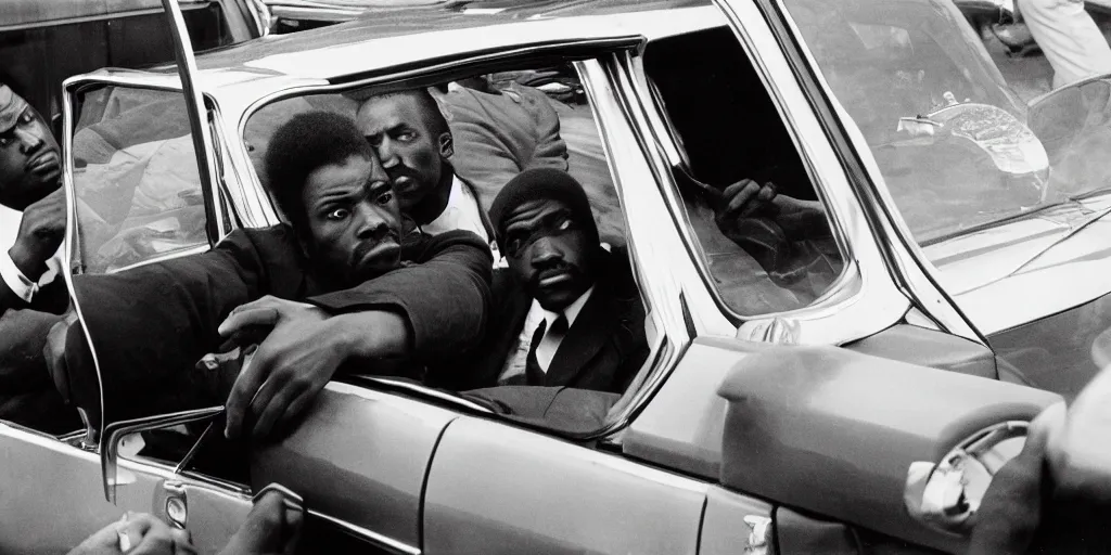 Image similar to bronx, black men sit in the 7 0 s car, holding a magnum, closeup, coloured film photography, bruce davidson photography