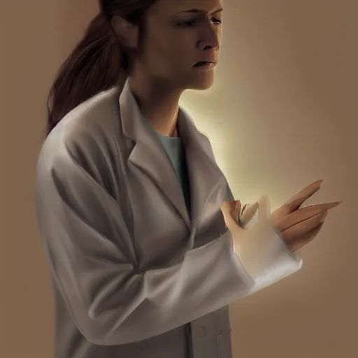 Prompt: dramatic dark painting digital art of brown hair female scientist wearing white lab coat, looking concerned